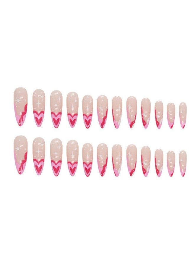 Maigitur Valentine's Day Press on Nails Medium Almond Fake Nails Red Heart False Nails French Tip Glue on Nail Star Pink Love Stick on Nail Glossy Nude Full Cover Acrylic Nail for Women Manicure 24pcs… - Image 5